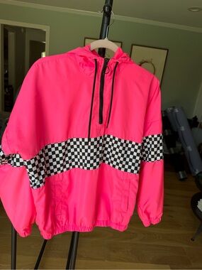 Women's Neon Pink Hooded Pullover with Checkerboard Stripe